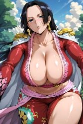 ai_generated artist_request big_breasts black_hair blue_eyes boa_hancock cleavage clothing clouds female female_only light-skinned_female long_hair one_piece orange_hair sky solo trees