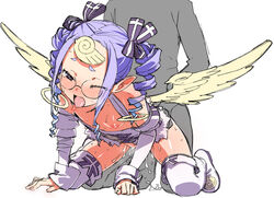 1girls bitibiti blush breasts character_request clothing copyright_request cum cum_in_pussy cum_inside female flat_chest from_behind glasses hair_ornament male nipples open_mouth penetration penis purple_eyes purple_hair pussy pussy_juice ribbon riviel sex source_request spread_legs summon_night summon_night_4 thighhighs vaginal_penetration wings