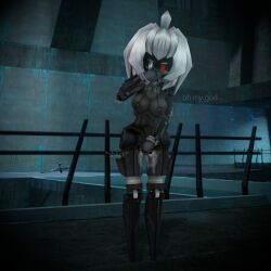 1girls 3_fingers 3d anthro anthro_female anthro_only combine_(half-life_series) combine_sentry combine_turret_girl combineslut covering_mouth cum_on_pussy cum_stain english_text female female_only fingering fingering_self half-life_(series) half-life_2 masturbation red_eye robot robot_girl sentry sentry_turret solo standing_masturbation text turret white_eye white_hair