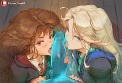 1boy 2girls ai_generated blonde_hair blue_eyes brown_hair female ghost ghost_penis hand_on_penis handjob harry_potter hermione_granger licking licking_penis looking_at_viewer lucakp luna_lovegood male male_pov patreon patreon_link patreon_logo patreon_reward patreon_url patreon_username pov school_uniform schoolgirl see-through see-through_penis tagme tongue tongue_out