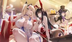 3girls 4girls alcohol alternate_costume anger_vein animal_ears azur_lane bare_shoulders beer_mug between_breasts black_hair black_headwear blonde_hair blue_eyes bow bowtie breasts cake cg cheshire_(azur_lane) cheshire_(the_cat_in_the_magic_hat)_(azur_lane) choker cleavage couch cup detached_collar fake_animal_ears fake_tail food formidable_(anniversary_memories)_(azur_lane) formidable_(azur_lane) gainoob hat holding holding_tray huge_breasts indoors large_breasts leotard long_hair manjuu_(azur_lane) multiple_girls official_alternate_costume open_mouth pantyhose playboy_bunny purple_eyes purple_hair rabbit_ears rabbit_tail red_eyes red_leotard short_hair sitting smile taihou_(azur_lane) taihou_(fun_on_the_baize)_(azur_lane) tail top_hat tray twintails very_long_hair white_dress white_hair