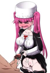 >_< 1boy 1girls bar_censor black_dress bleach blush censored cum cum_on_breasts cum_on_clothes cum_on_lower_body cumdrip dokugamine_riruka dress dress_lift female full-face_blush fullbringer green_nails handjob hanya_(hanya_yashiki) hat long_hair male nail_polish open_mouth panties panty_pull penis pubic_hair purple_eyes purple_hair solo_focus standing very_long_hair white_panties