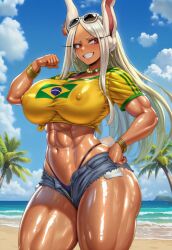 1girls abs ai_generated animal_ears archeon_ai beach big_breasts blush booty_shorts bracelet brazilian_flag brazilian_miku_(cosplay) breasts bunny_ears bunny_tail clenched_teeth clothing cloud collarbone crop_top curvy dark-skinned_female dark_skin day earrings erect_nipples erect_nipples_under_clothes eyelashes eyewear eyewear_on_head female female_focus female_only flexing g-string glasses glasses_on_head grin hair_flower hair_ornament hand_on_hip highleg highleg_panties highres hips hotpants huge_breasts human jean_shorts jewelry large_breasts long_hair looking_to_the_side midriff miruko muscular muscular_female my_hero_academia navel necklace nipple_bulge nipples nipples_visible_through_clothing ocean outdoors palm_tree panties parted_bangs parted_lips pinup plant puffy_nipples red_eyes revealing_clothes rumi_usagiyama sand see-through see-through_clothing shiny_skin short_shorts short_sleeves shorts skimpy smile solo solo_female sunglasses sunglasses_on_head t-shirt tail teeth thick_thighs thighs thong translucent_clothing tree unzipped vocaloid voluptuous water white_hair wide_hips