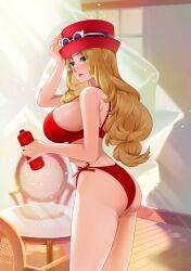 absurdres ass blonde_hair blush bra breasts cleavage eyewear_on_headwear female female_focus green_eyes hat highleg highres indoors large_breasts lingerie lips lipstick long_hair makeup nintendo panties pokemon pokemon_xy ponytail porkpie_hat red_bra red_hat red_panties serena_(pokemon) serena_(pokemon_games) side-tie_panties sideboob solo source_request sumisumii sunglasses tagme thighs underwear white-framed_eyewear