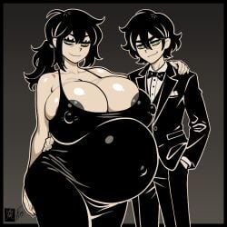 1boy 1girls andrew_graves areola_slip areolae big_belly big_breasts black_hair bowtie breasts clothed clothing dress female fungus-man green_eyes hand_on_hip hand_on_shoulder huge_breasts implied_incest inbreeding incest incest_pregnancy light-skinned_female light_skin looking_at_viewer male male/female maternity_clothes maternity_dress mature_female mother mother_and_son navel nipple_bulge older_female older_female_and_younger_male parent_and_child ponytail pregnant renee_graves self_upload smile smirk son suit tagme the_coffin_of_andrew_and_renee the_coffin_of_andy_and_leyley wide_hips