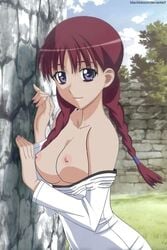 1girls against_wall bare_shoulders blacklobizan braid breasts breasts_out chloe_(spice_and_wolf) clothing female grass highres large_breasts long_hair long_sleeves looking_at_viewer medium_breasts neck nipples off_shoulder outdoors purple_hair smile solo spice_and_wolf twin_braids undressing violet_eyes