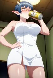 1girls ai_generated alcohol alcoholic_drink bare_chest bare_legs bare_shoulders beer beer_can big_breasts blue_eyes blue_hair blunt_bangs blush breasts busty can cleavage curvaceous curvy curvy_body curvy_female curvy_figure demon_girl drink drinking drunk drunk_female eyewear female female_only front_view hand_on_hip high_resolution holding_object horns huge_breasts indoors large_breasts lv1_maou_to_one_room_yuusha megane oppai pinup pixie_cut pointy_ears sagging_breasts short_hair slim_waist standing suggestive suggestive_fluid suggestive_gesture suggestive_pose towel towel_only viewed_from_below voluptuous wet wet_body wet_hair wet_pussy wet_skin whitez wide_hips yellow-framed_eyewear zenia_(lv1_maou_to_one_room_yuusha)