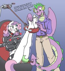 2015 anthro anthrofied ball_gag bdsm_gear belt blush bottomless breasts brush caroo clothed clothing couple dialogue dragon duo english_text equine erect_nipples feet female foot_fetish friendship_is_magic gag green_eyes half-dressed hasbro heart horn horn_ring magic_inhibitor male mammal my_little_pony piercing pussy restraints ring rope rubber slit_pupils spike_(mlp) straight straitjacket strap sweetie_belle_(mlp) tail text tickling tickling_fetish unicorn what wings