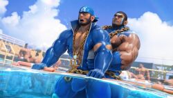16:9 2025 abs archie_(pokemon) arm_scar arm_​scar artist_logo artist_​logo ball bara barazoku beach_ball beach_​ball beard black_hair black_​hair blue_bodysuit blue_clothing blue_face_paint blue_paint blue_sky blue_​face_​paint blue_​paint blue_​sky bodypaint bulge chain_​belt chain_​necklace chest_tattoo chest_​tattoo cloud dark-skinned_male dark_skin eyes_rolled eyes_​rolled face_paint face_​paint facial_scar facial_​hair facial_​scar gay gold_​(metal) gold_​belt gold_​jewelry gold_​necklace grin hair human implied in_water inflatable jewelry lifebuoys logo male male_only mammal matt_(pokemon) muscular muscular_human muscular_male muscular_​human muscular_​male naked necklace nipple_bulge nipple_pinch nipple_​fetish nipple_​pinch nipple_​play obliques open_mouth open_​mouth outside paint partially_​submerged pecs pinch pokemon pool pool_floats pool_​float scar shoulder_scar shoulder_​scar sky smile splash takahirosi tattoo water white_tattoo white_​tattoo widescreen