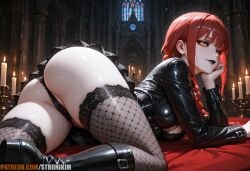 1girl ai_generated anime artist_name ass ass_focus black_footwear black_lips black_panties boots braid braided_ponytail breasts candle chainsaw_man church female female_only fishnet_thighhighs fishnets goth goth_fashion goth_girl gothic hi_res high_quality high_resolution highres indoors latex lipstick long_hair looking_at_viewer lying makeup makima_(chainsaw_man) panties partially_visible_vulva patreon patreon_logo patreon_url patreon_username red_hair skirt solo strunikim thighhighs thighs underwear watermark yellow_eyes