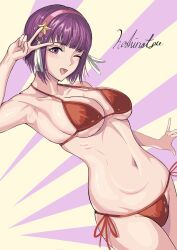 1girls athena_asamiya big_breasts bikini breasts busty clothed female female_only hair_ornament headband hoshinatsue king_of_fighters light-skinned_female light_skin looking_at_viewer open_mouth pale-skinned_female pale_skin purple_eyes purple_hair red_bikini round_breasts short_hair sideboob smiley_face smiling_at_viewer standing star thick thick_thighs thighs tight_clothes underboob voluptuous voluptuous_female white_skin winking_at_viewer