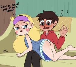 1boy 1girl ass ass_focus bare_ass bare_hips bare_legs barefoot black_pants blonde_hair blue_pajamas blush bottomless couch disney embarrassed feet female hetero huge_ass indoors legs living_room lying marco_diaz mole no_panties pajamas princess red_sweater sitting sniffable_ass soul_centihel spanking star_butterfly star_vs_the_forces_of_evil sweater teenager