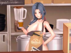 3d koikatsu grankhunter girls'_frontline girls'_frontline_2:_exilium dp-12_(girls'_frontline) helen_(girls'_frontline_2) 1girls female female_only feet_out_of_frame indoors blue_hair long_hair looking_at_viewer grey_eyes blush smile apron naked_apron naked nude topless bottomless breasts big_breasts large_breasts nipples lactation breast_milk holding_cup coffee coffee_cup