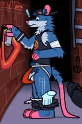 2:3 absurd_res alley anthro arm_tuft armband armpit_hair assisted_exposure backwards_cap balls biped body_hair brick brick_wall bulge clothing disembodied_hand ear_piercing elbow_tuft facial_piercing genitals graffiti half-erect hi_res jockstrap kd_rattical_(fortnite) knee_tuft ladder leg_tuft male mammal murid murine neck_tuft nose_piercing pantsing penis penis_drawing piercing pubes rat rat_tail red_eyes rodent shirt solo surprised tail tank_top tenting throbbing throbbing_penis topwear trash tuft twhaira underwear wall_(structure) watermark wristband