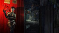 1girls 3d 3d_(artwork) absurd_res bare_shoulders beautiful_woman black_lingerie bracelets brown_hair_female character_request cleavage collarbone corset female_only femsub gothic gothic_girl highres huge_breasts leaning_hips leaning_to_the_side lingerie male_pov mature_woman metro_(series) metro_last_light navel prostitute prostitution recluse. short_hair_female shoulder_tattoo smoking source_request standing stripper tie tomboyish torn_stockings