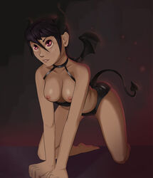 all_fours bichrom breastless_clothes breasts demon_tail demon_wings female horns nipples original panties parted_lips purple_eyes purple_hair short_hair smile solo succubus tail underwear wings