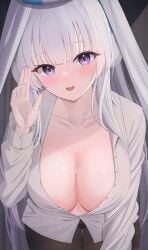 1girls absurdres black_pantyhose blanket blue_archive blush breasts cleavage collarbone collared_shirt female female_focus female_only grey_hair halo hand_up headphones highres hiyayo25 large_breasts legwear long_hair looking_at_viewer mechanical_halo noa_(blue_archive) open_mouth pantyhose partially_unbuttoned purple_eyes shirt sidelocks standing sweat under_covers very_long_hair