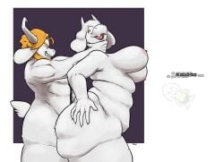 absurd_res anthro asgore_dreemurr asriel_dreemurr big_breasts big_butt blonde_hair boss_monster_(undertale) bovid breasts butt caprine clothing dialogue english_text eyes_closed female goat grin group hair hi_res horn long_ears male male/female mammal notsafeforbill nude nude_female nude_male overweight overweight_female profanity red_eyes rough_sex sex shirt smile sprite strangling tail text topwear toriel trio undertale undertale_(series)