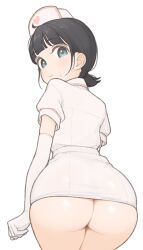 1girls ass ass_crack big_ass black_hair blue_eyes blush female female_only from_below from_below_view gloves issakawaguchi looking_at_viewer looking_back low-angle_view miniskirt no_panties nurse nurse_cap nurse_uniform short_skirt skirt sweat upskirt white_background