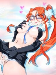 atlus breasts commentary_request cropped cropped_legs devil_survivor_(series) devil_survivor_2 female female_only flower gloves hair_flower hair_ornament happy kujou_hinako megami_tensei necktie onnaski orange_eyes orange_hair ponytail scarf shorts