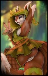 absurd_res ambiguous_fluids anthro anus armpit armpit_fetish blue_eyes bodily_fluids bottomwear clothed clothing dota ears_up female female_only fishnet_clothing fishnet_legwear fur genital_fluids genitals gesture green_clothing hand_gesture hi_res hood hoodwink_(dota) legwear mammal one_eye_closed orange_body orange_fur partially_clothed rodent saintmarmo sciurid skirt solo steam stockings tail tree_squirrel v_sign vaginal_fluids valve vulva wink