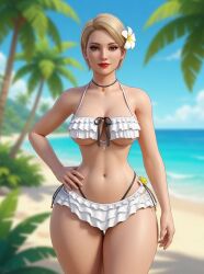 1girls 3d ai_assisted ai_generated alternate_costume beach belly_button bikini blonde_hair blurry_background brown_eyes choker_necklace cleavage earrings eyelashes female flower_in_hair frilled_bikini frilled_skirt frills front-tie_bikini_top gemini grok hand_on_hip hourglass_figure light-skinned_female lipstick looking_at_viewer medium_breasts midriff milf mommy narrow_waist necklace ocean ocean_background one_hand_on_hip palm_leaf palm_tree pixie_cut realistic rgomez007 self_upload short_hair slight_smile solo_female standing swimsuit thick_eyelashes thick_lips thick_thighs thong_straps tropical underboob wide_hips