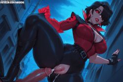 1girl 1girls ai_generated black_hair breasts demoncursed_vayne female female_focus hair_over_one_eye league_of_legends light-skinned_female light_skin lips makeup medium_breasts pandemonium_series red_eyes riot_games shauna_vayne short_hair stable_diffusion uncensored vayne wardens watermark