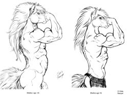 2007 animal_genitalia anthro biceps big_penis bulge chris_sawyer clothing comparison equine flaccid flexing hair loincloth male male_only mammal muscles nude pecs penis plain_background thick_penis toned traditional_media_(artwork) white_background