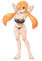 armpits big_breasts black_bra full_body hands_behind_head inkling inkling_girl kaori_(splatoon) long_hair nobunagapero orange_eyes orange_hair peronattu plump_thighs splatoon tentacle_hair