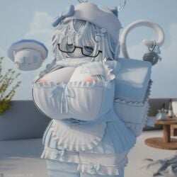 1girls 3d areola_slip areolae big_breasts blue_hair breasts cat_tail female female_only glasses iikuroneko maid_apron maid_outfit maid_uniform roblox robloxian scarf self_upload socks tagme thighs twitter_username watermark white_hair white_skin