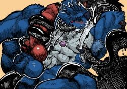 abs absurd_res accessory anal anal_penetration animal_genitalia animal_penis anthro aroused balls barazoku big_balls big_muscles big_pecs big_penis biped black_ears black_eyebrows blue_body blue_fur blue_hair chest_tuft collarbone countershade_fur countershade_torso countershading digital_media_(artwork) dreeda duo erection eviolite_(item) eyebrows fur generation_5_pokemon generation_8_pokemon genitals hair hair_over_eyes hatching_(art) hi_res hiding_behind_another hisuian_form hisuian_samurott huge_penis ink jewelry jwbash knot_(anatomy) lying male mammal markings muscular muscular_anthro muscular_arms muscular_legs muscular_male mustelid necklace nintendo nipples nude on_back open_mouth pecs penetration penis penis_tentacles pink_nose pokemon pokemon_(species) pokemon_legends_arceus ponytail reed_(dreeda) regional_form_(pokemon) restrained restrained_by_tentacles samurott sex shaded solo solo_focus struggling tentacle_in_ass tentacle_on_penis tentacle_penetration tentacle_sex tentacles text tuft vein veiny_penis
