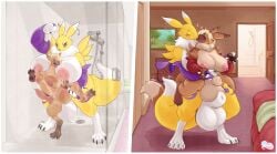 2026 absurd_res anthro anthro_on_anthro assimilation balls bandai_namco bathroom bedroom big_breasts black_sclera blonde_hair breasts claws detailed_background digimon digimon_(species) digital_media_(artwork) digitigrade door duo eyes_closed from_behind_position fur genitals gynomorph gynomorph/gynomorph hair heart_symbol hi_res huge_breasts hyena inside intersex intersex/intersex kissing knot mammal meganemausu nipple_piercing nipples nude pawpads penis piercing renamon renfred_(mr.mortecai) sex smile species_transformation standing tail transformation yellow_body yellow_fur