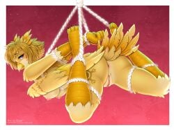 4:3 anthro anus areola arms_tied avian bdsm beak bird black_claws blonde_hair blue_eyes blush bondage bound breasts butt claws clitoral_hood clitoris colored digital_drawing_(artwork) digital_media_(artwork) eyelashes feathered_wings feathers female female_only full-length_portrait genitals hair legs_tied looking_at_viewer looking_back looking_back_at_viewer medium_breasts nipples nude pink_anus pink_areola pink_nipples pink_vulva portrait puffy_areola restraints rope rope_bondage rope_harness shaded short_hair solo spread_legs spreading sugarrrpeach vulva white_rope wings yellow_beak yellow_body
