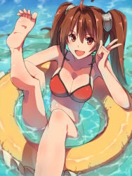 1girl ahoge barefoot bikini breasts brown_hair chiharu_(9654784) cleavage collarbone eiyuu_densetsu estelle_bright falcom female female_focus female_only hair_between_eyes highres innertube long_hair medium_breasts open_mouth partially_submerged red_bikini red_eyes smile soles solo sora_no_kiseki swim_ring swimsuit trails_in_the_sky twintails v water