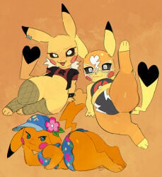 anthro black_nose black_sclera black_tail bottomless butt clothed clothing female female_only fingers generation_1_pokemon genitals goonie-san hi_res looking_at_viewer lying multicolored_tail nintendo on_front on_ground open_mouth open_smile pikachu pokemon pokemon_(species) raised_foot rear_view simple_background smile solo tail tongue vulva yellow_eyes yellow_tail