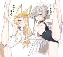 2girls animal_ear_fluff animal_ears black_one-piece_swimsuit blonde_hair blue_archive blush breasts brown_eyes brown_hair clothing_aside covered_navel eiraku_tee fox_ears fox_girl fox_tail grin hair_over_one_eye halo highres holding_hands interlocked_fingers long_hair looking_at_viewer medium_breasts multiple_girls nagisa_(blue_archive) nagisa_(swimsuit)_(blue_archive) nipples one-piece_swimsuit open_mouth pink_halo seia_(blue_archive) seia_(swimsuit)_(blue_archive) small_breasts smile split standing standing_on_one_leg standing_split swimsuit swimsuit_aside tail translation_request visor_cap white_background white_one-piece_swimsuit white_wings wings yellow_eyes yellow_halo