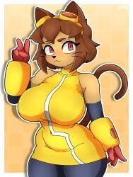 1female 1girls 2026 2d 4k animal_ears anthro anthro_female anthro_only armwear bare_shoulders belly_button_visible_through_clothing big_boobs big_breasts black_nose boobs border breasts brown_hair brown_hair_female brunette cat_ears cat_tail curvy domestic_cat eyebrows_visible_through_hair eyelashes_visible_through_hair felid feline felis female female_anthro female_only front_view fur gameoverse glitch_productions goggles_on_head hextali high_resolution highres huge_breasts kit_(gameoverse) legwear navel_outline peace_sign short_hair simple_background solo solo_anthro solo_female square_pupils standing tail v_sign whiskers white_border