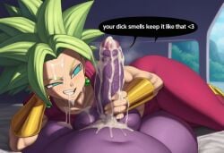 ai_generated tagme 2026 bigtub7775 1boy anthro anthro_on_human champa fat penis testicles 1girls kefla foreskin dragon_ball text english_text cum excessive_cum handjob veiny_penis smirk green_hair