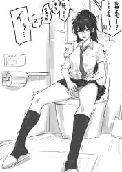 1girls bathroom blush clitoral_stimulation female female_masturbation female_only fuku_(fuku12290574) hand_in_own_panties hand_in_panties masturbation school_uniform skirt skirt_lift skirt_lifted_by_self speech_bubble text text_bubble toilet toilet_masturbation translation_request