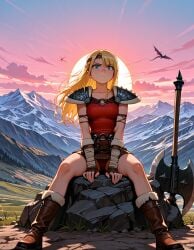 1girls ai_generated astrid_hofferson axe battle_axe blonde blonde_female blonde_hair blonde_hair_female blue_eyes curvaceous curvaceous_body curves curvy curvy_body curvy_female curvy_figure dreamworks female female_only heroine hourglass_figure how_to_train_your_dragon how_to_train_your_dragon_2 legs legs_apart legs_spread light-skinned_female light_skin panties pantyshot pauldron pauldrons sitting sitting_on_rock solo solo_female spread_legs spreading underwear viking viking_female voluptuous voluptuous_female woman