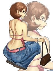 1girls 2d arched_back asian asian_female atlus back_view bare_back bare_shoulders big_ass brown_hair chaosoded crouching crouching_female female female_only glasses hourglass_figure hourglass_figured_female jeans large_ass looking_at_viewer looking_back medium_hair persona persona_3 persona_3_reload simple_background sleeveless_shirt slim_waist tagme teenage_girl teenager thick_thighs tight_clothes tight_fit video_game_character white_hair wide_hips yukari_takeba