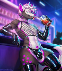 anthro armwear athletic athletic_anthro athletic_male balls balls_outline bar beverage black_latex blue_eyes blurred_background bulge canid canine canis clothing collar detailed_bulge elbow_gloves featureless_chest femboy fishnet_clothing fishnet_crop_top fishnet_shirt fishnet_topwear genital_outline genitals glass gloves grey_body handwear hi_res latex latex_armwear latex_clothing latex_elbow_gloves latex_gloves latex_handwear latex_legwear latex_panties latex_thigh_highs latex_thong latex_underwear leaning leaning_backward legwear looking_at_viewer male male_anthro mammal multicolored_body nightclub open_mouth panties penis penis_outline pink_body shirt slim_anthro slim_male solo standing thick_thighs thigh_highs thong tofuzinn tongue tongue_out topwear underwear white_body wolf