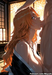 deepthroat bleach rangiku_matsumoto mature_female milf plump plump_ass miyuai ai_generated ai_assisted thick_thighs thick_ass thick thick_legs thick_hips thick_butt wide_hips wide_thighs voluptuous voluptuous_female curvy curvy_figure curvaceous curvy_female female 1girl oral rating:explicit fellatio penis breasts long_hair 1boy hetero saliva blue_eyes fireworks chain solo_focus large_breasts indoors from_side window testicles off_shoulder cum profile bare_shoulders blonde_hair kimono necklace