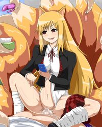 1boy 1girls animal_ears blonde_hair blush clothed_sex cowgirl_position cum cum_in_pussy cum_inside female fox_ears fox_tail gaoka kumi_(senran_kagura) light-skinned_female light-skinned_male light_skin long_hair loose_socks multi_tail navel open_mouth plaid_skirt pleated_skirt prehensile_tail red_eyes senran_kagura senran_kagura_(series) senran_kagura_new_wave sex shoes skirt_around_one_leg spread_legs straddling tail tails uncensored used_condom vaginal_penetration vibrator white_legwear