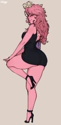 1girl aged_up ashido_mina ass ass_cleavage ass_focus backless_outfit beautiful_woman black_dress black_sclera boku_no_hero_academia female female_only from_behind handbag high_heels horns jeteggs long_hair looking_at_viewer mature_woman mina_ashido mina_ashido_time-skip my_hero_academia naughty_face one_leg_up pink_body pink_hair pink_skin post-timeskip smile solo thicc thick thick_thighs