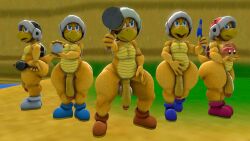 5boys 3d 3d_(artwork) anthro boomerang balls big_thighs erection footwear full_body furry furry_male furry_only genitals hammer hammer_bros. helmet huge_thighs holding_weapon koopa large_thighs looking_at_viewer male male_only mario_(series) mature mature_male multiple_males nintendo outdoors penis reptile scalie shoes testicles thighs thick_thighs xabinotter yellow_skin