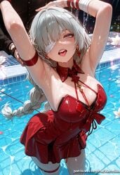phrolova_(wuthering_waves) wuthering_waves ai_generated kermixx 1girl long_hair breasts looking_at_viewer blush open_mouth bangs blue_eyes large_breasts 1boy dress cleavage bare_shoulders jewelry braid flower heart earrings solo_focus tongue tongue_out armpits water arms_up wet symbol-shaped_pupils strapless detached_collar bandages heart-shaped_pupils eyepatch red_dress strapless_dress wading pool bandage_over_one_eye