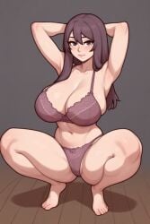 ai_generated arms_up fair-skinned_female huge_breasts original original_character purple_bra purple_eyes purple_hair purple_panties self_upload squatting thick_thighs