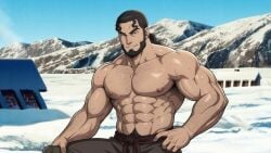 abs ai_generated anime_screencap anime_style beard black_hair dark_hair fit_male gay icelandic mountains muscular muscular_male nipples outdoors pecs ponytail sexy_body sexy_male sexy_pose snow stable_diffusion sweaty_body thors_snorresson toned_body toned_male topless_male viking vinland_saga