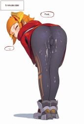 1girl annie_(league_of_legends) annie_hastur anus_visible_through_clothes ass ass_focus bent_over black_hoodie blush cameltoe closed_eyes clothes_lift covered_mouth cum cum_on_ass cum_on_body cum_on_clothes cum_on_legs cum_on_legwear embarrassed eyelashes female_focus from_behind full_body grey_pantyhose grey_shoes henz_(ketchupp) highres hood hood_down hoodie hoodie_lift horns implied_hetero league_of_legends lunar_beast_annie lunar_beast_series lunar_new_year lunar_revel_series multicolored_hair official_alternate_costume orange_hair panties panties_under_pantyhose pantyhose red_hair red_hoodie riot_games shoes short_hair simple_background sneakers solo standing streaked_hair tagme two-tone_hair two-tone_hoodie underwear variant_set white_background